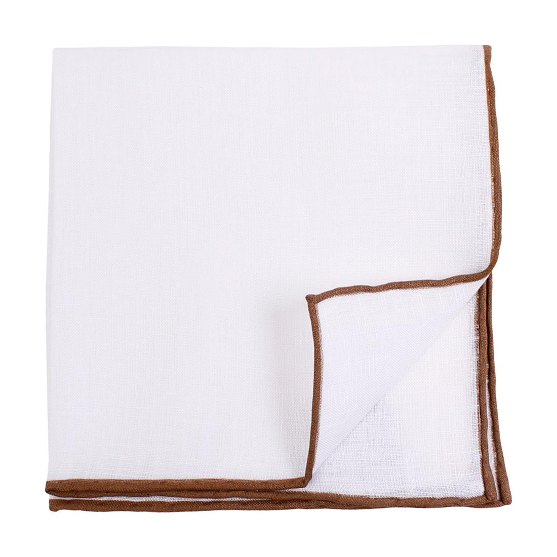 Solid Stripe Linen Pocket Square White w/Tobacco Brown